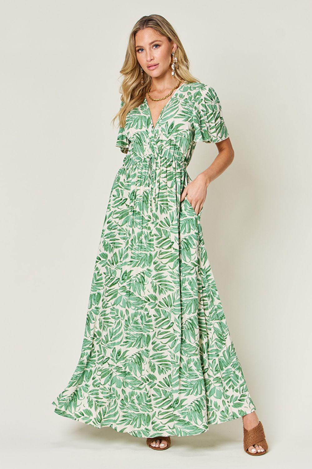 Double Take Full Size Printed Drawstring Short Sleeve Dress - The Daily Makeover