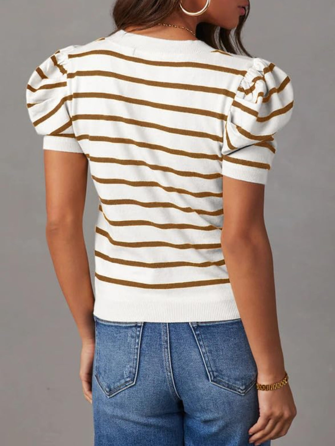 Striped Round Neck Puff Sleeve Knit Top - The Daily Makeover