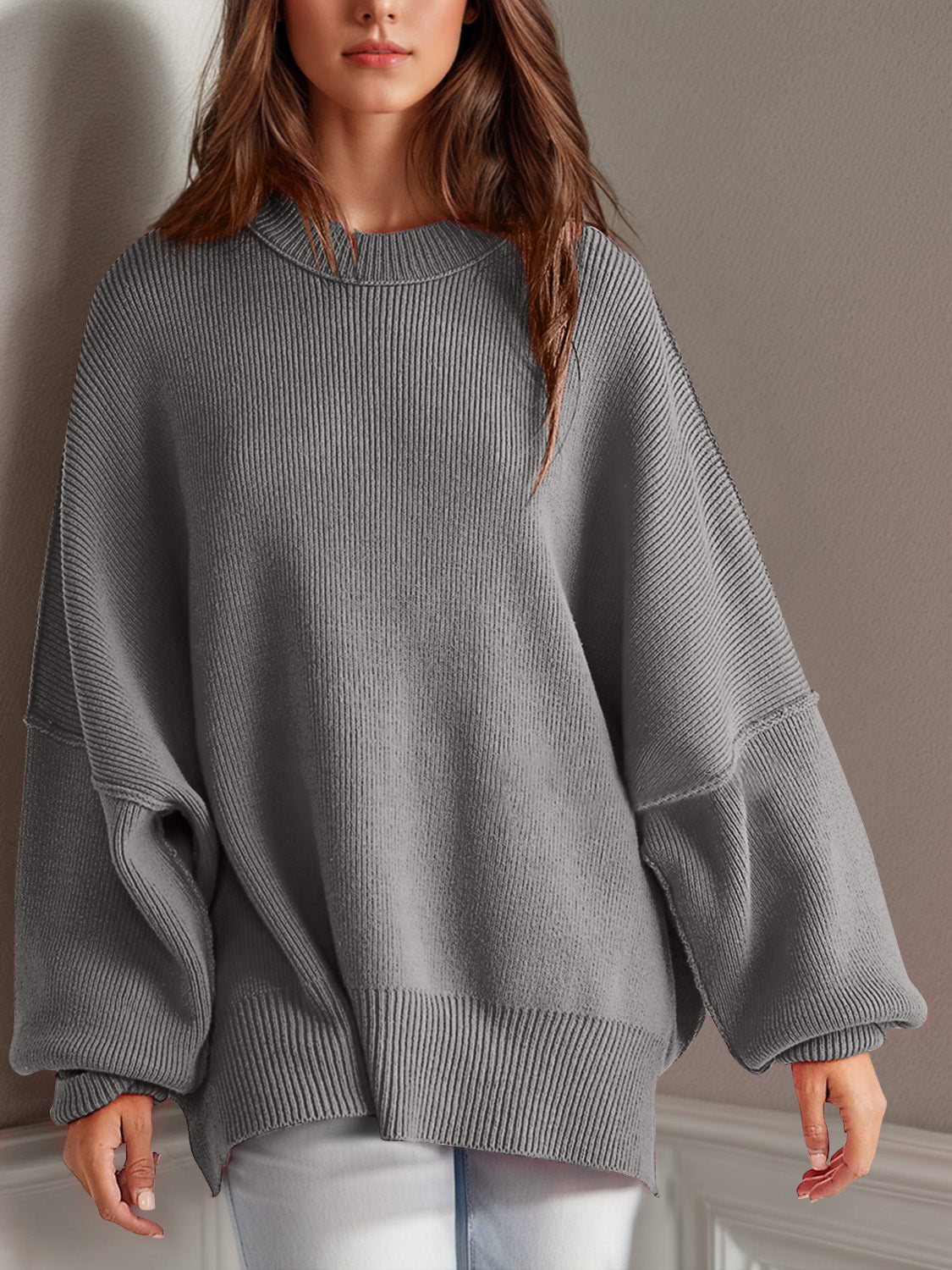 Double Take Side Slit Round Neck Long Sleeve Sweater - The Daily Makeover