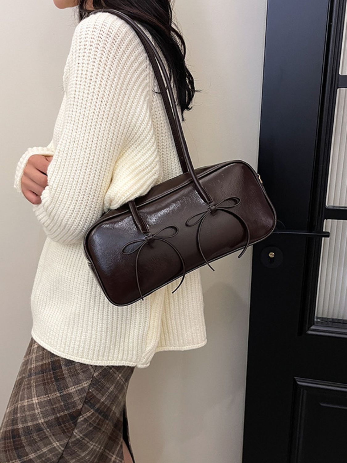 PU Leather Bow Trim Shoulder Bag - The Daily Makeover
