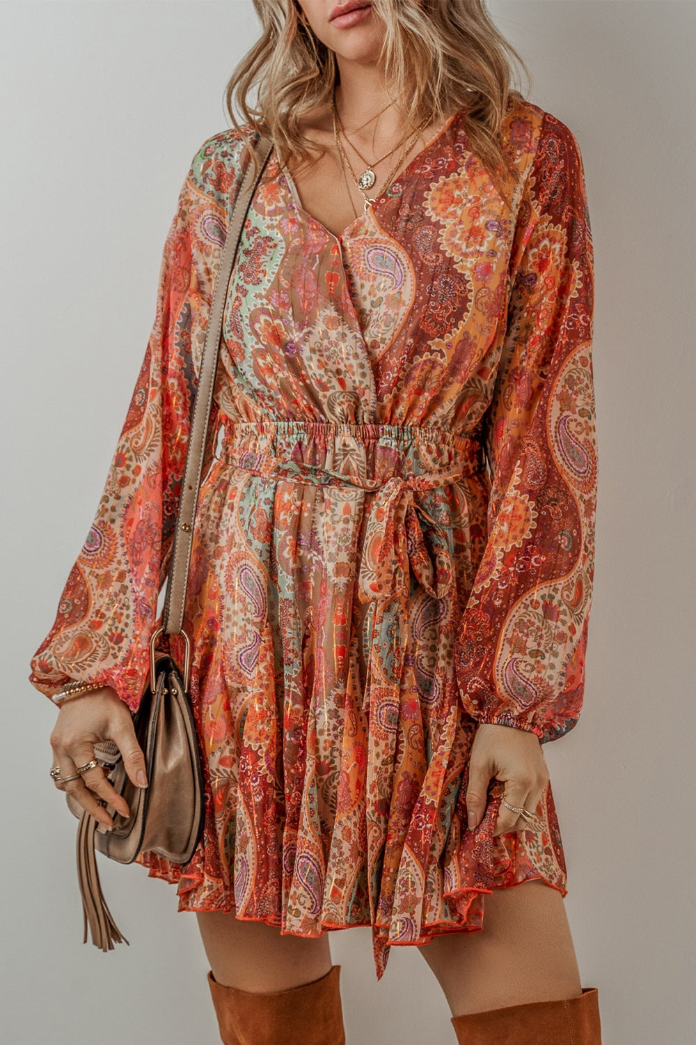 Tied Printed Balloon Sleeve Mini Dress - The Daily Makeover