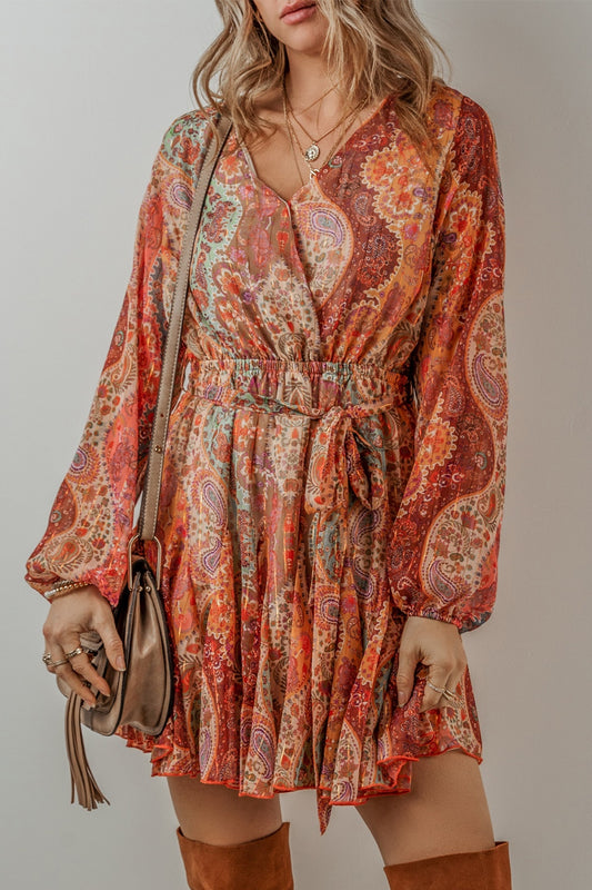 Tied Printed Balloon Sleeve Mini Dress - The Daily Makeover