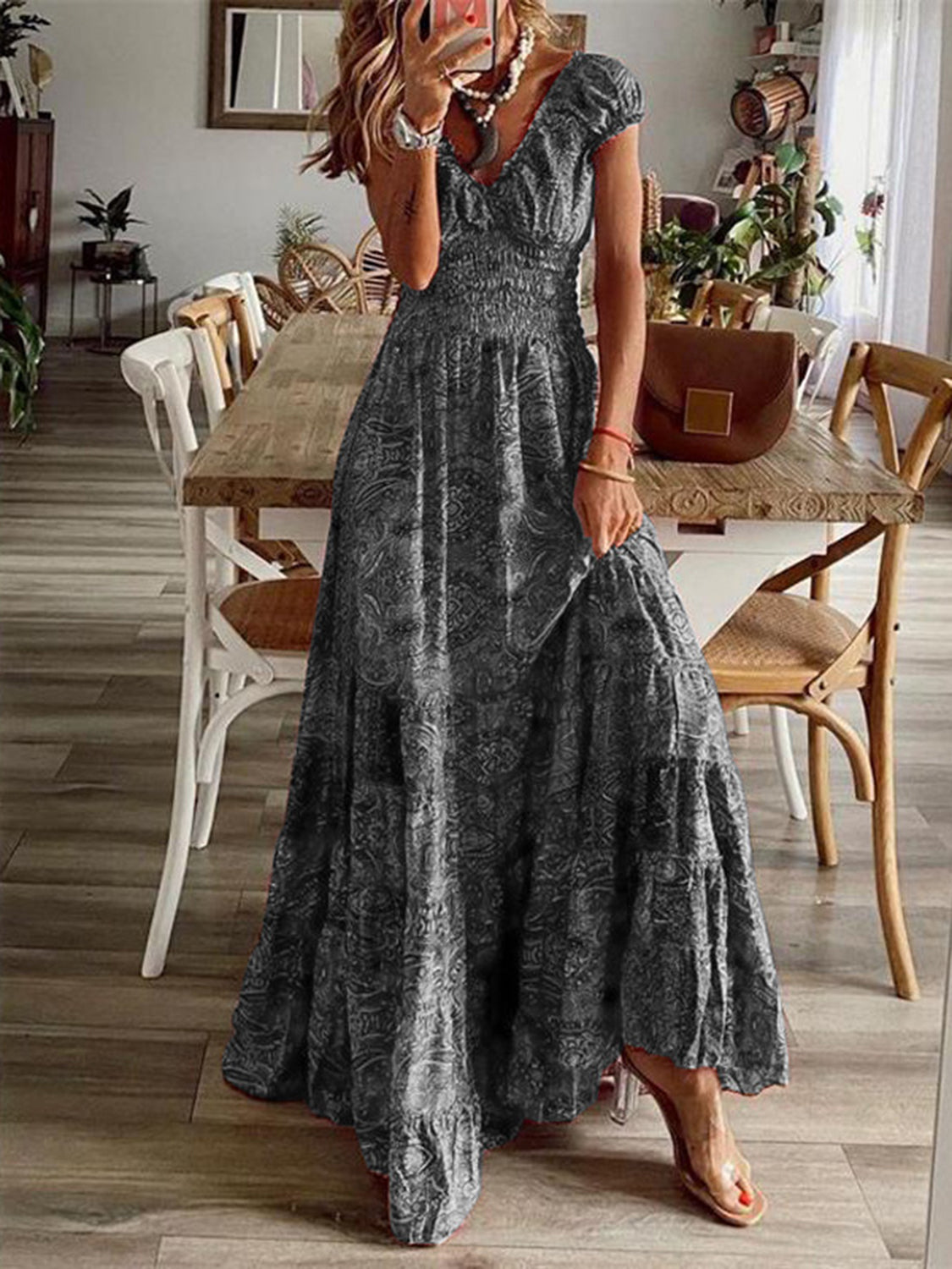 Full Size Smocked Printed V-Neck Short Sleeve Dress - The Daily Makeover