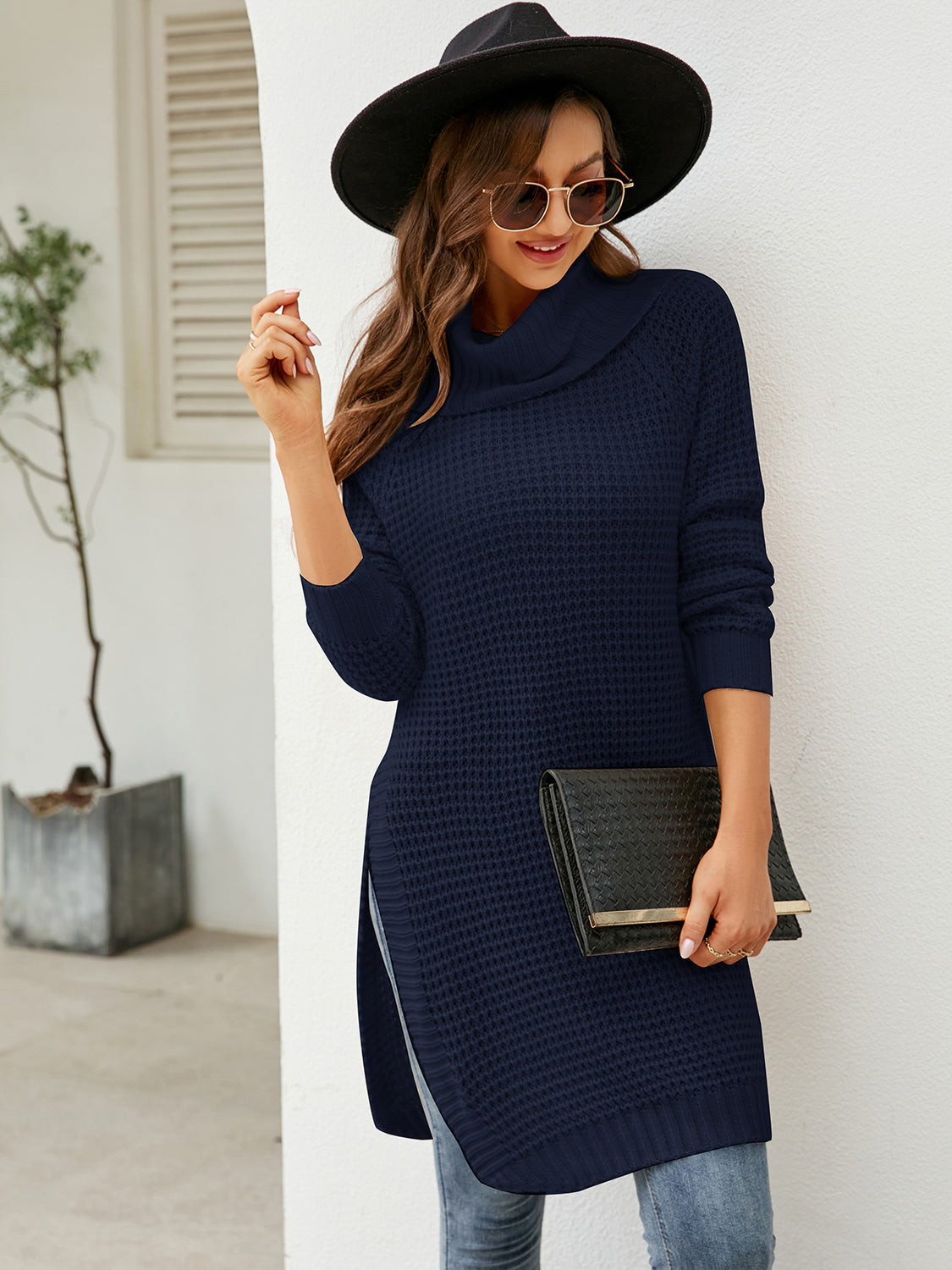 Turtleneck Waffle-Knit Slit Sweater Dress - The Daily Makeover