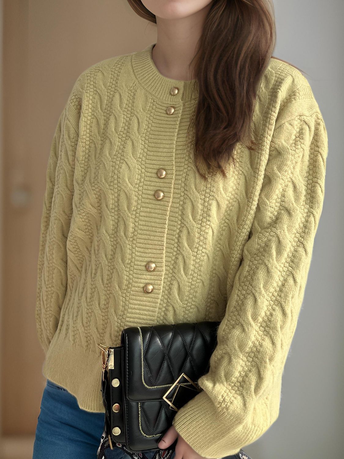 Cable-Knit Round Neck Long Sleeve Cardigan - The Daily Makeover