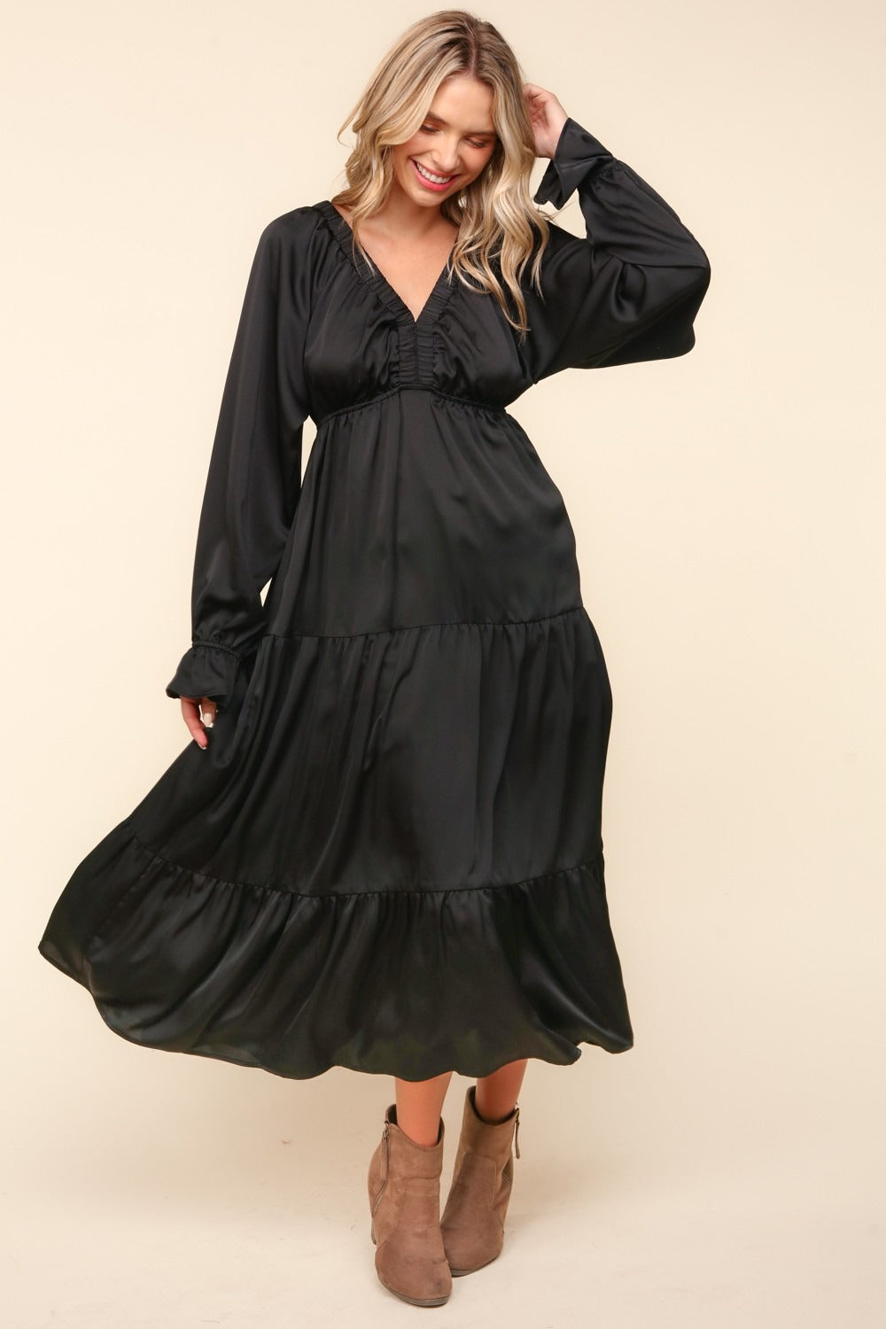 Haptics Flounce Sleeve Tiered Midi Dress with Pockets - The Daily Makeover