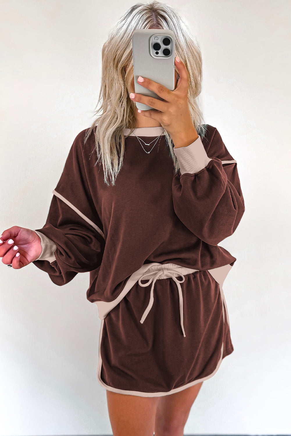 Evergreen Contrast Trim Loose Pullover and Lace-up Waist Skort Set - The Daily Makeover