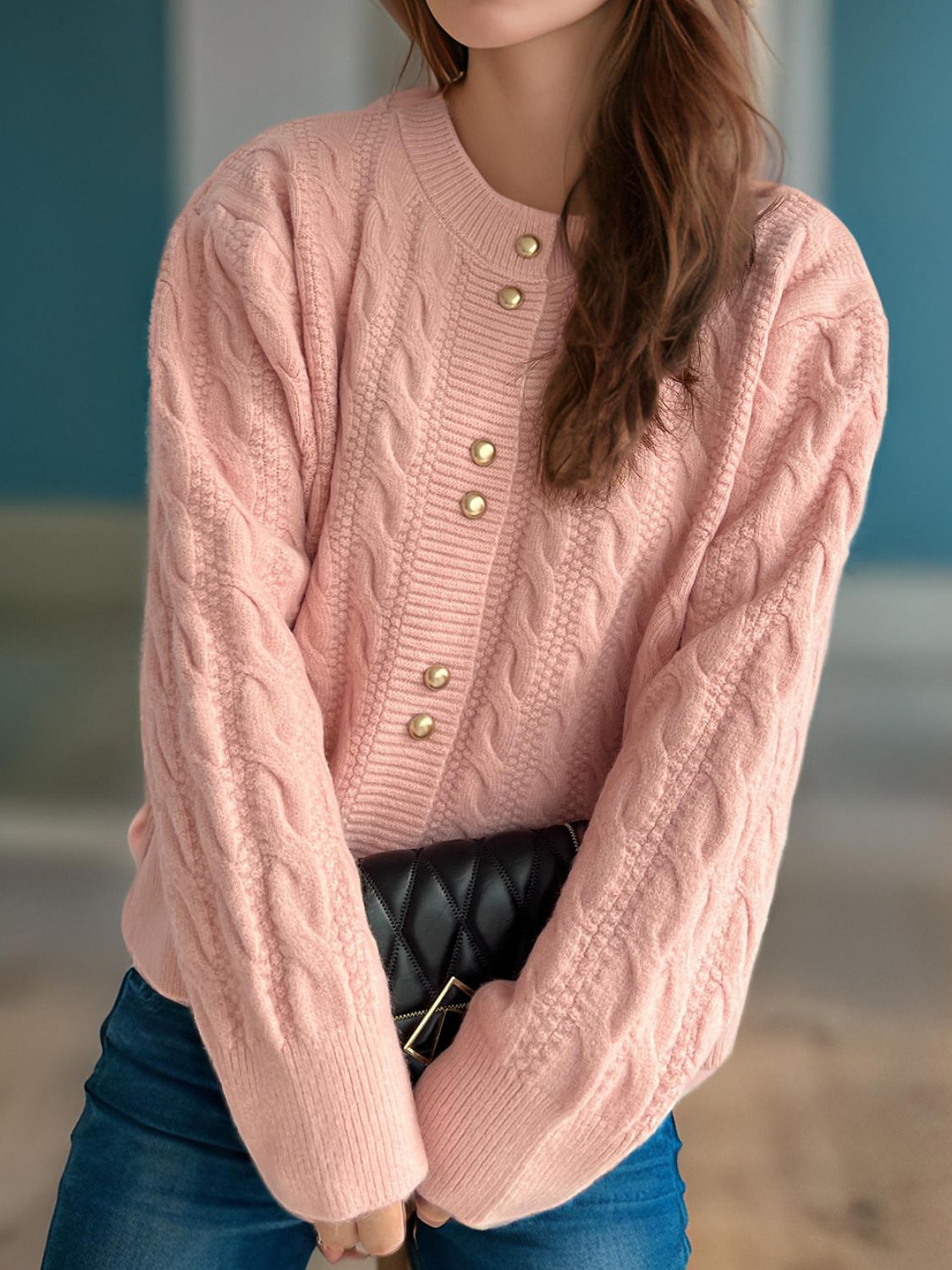 Cable-Knit Round Neck Long Sleeve Cardigan - The Daily Makeover