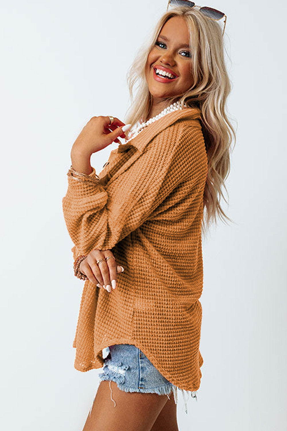 Waffle-Knit Collared Neck Long Sleeve Shirt - The Daily Makeover