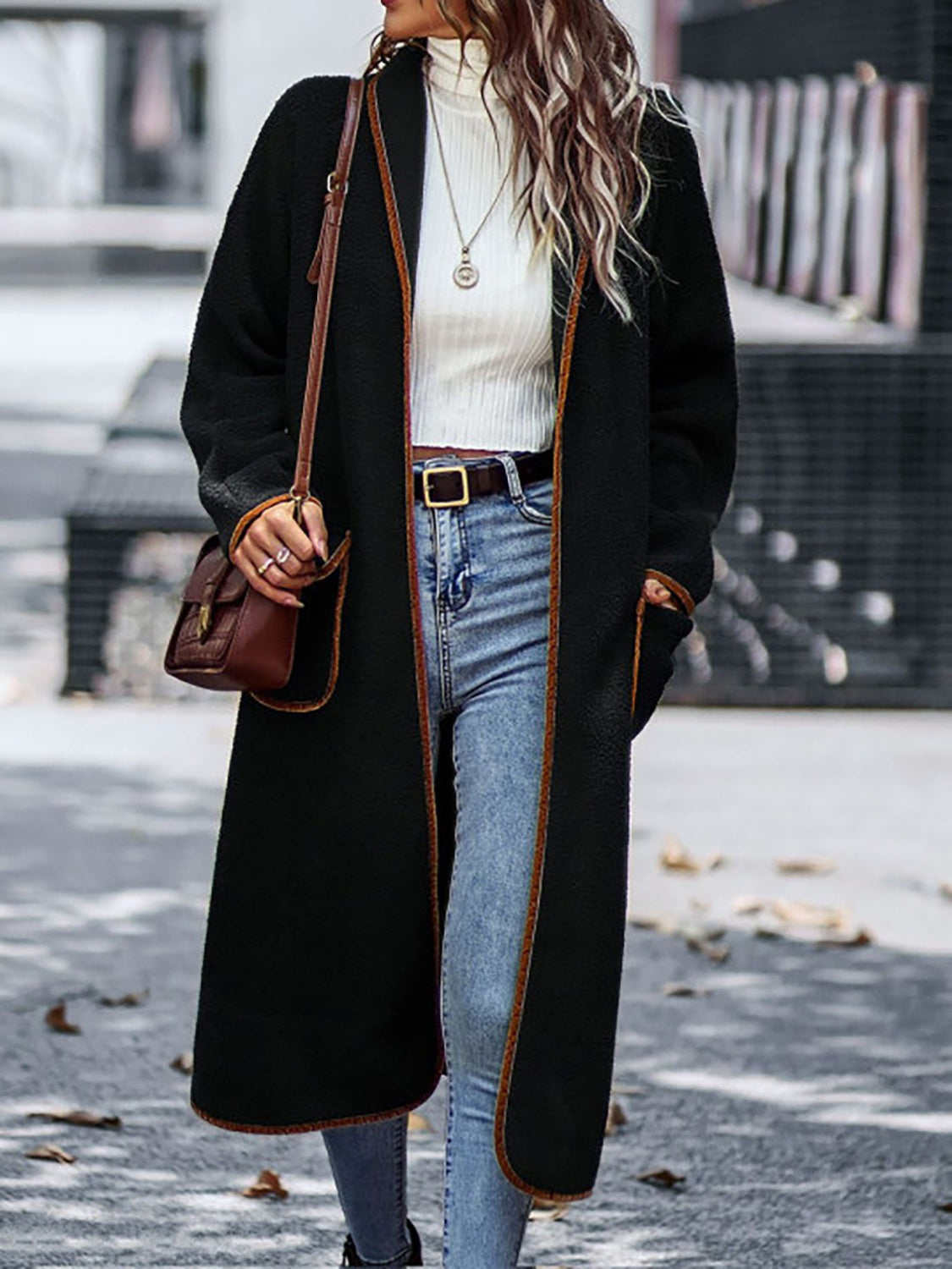 Full Size Contrast Trim Long Sleeve Coat with Pockets - The Daily Makeover