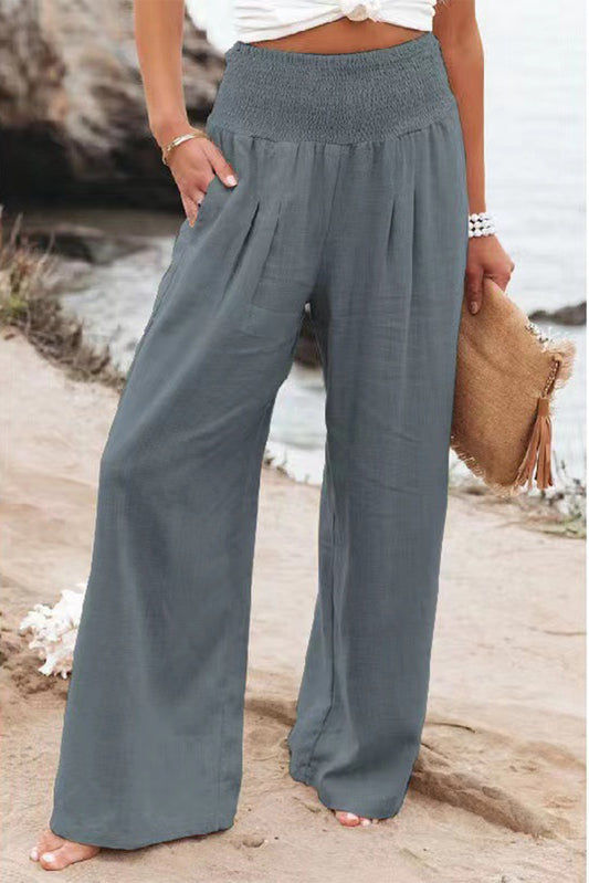 Khaki Smocked Wide Waistband High Waist Wide Leg Pants - The Daily Makeover