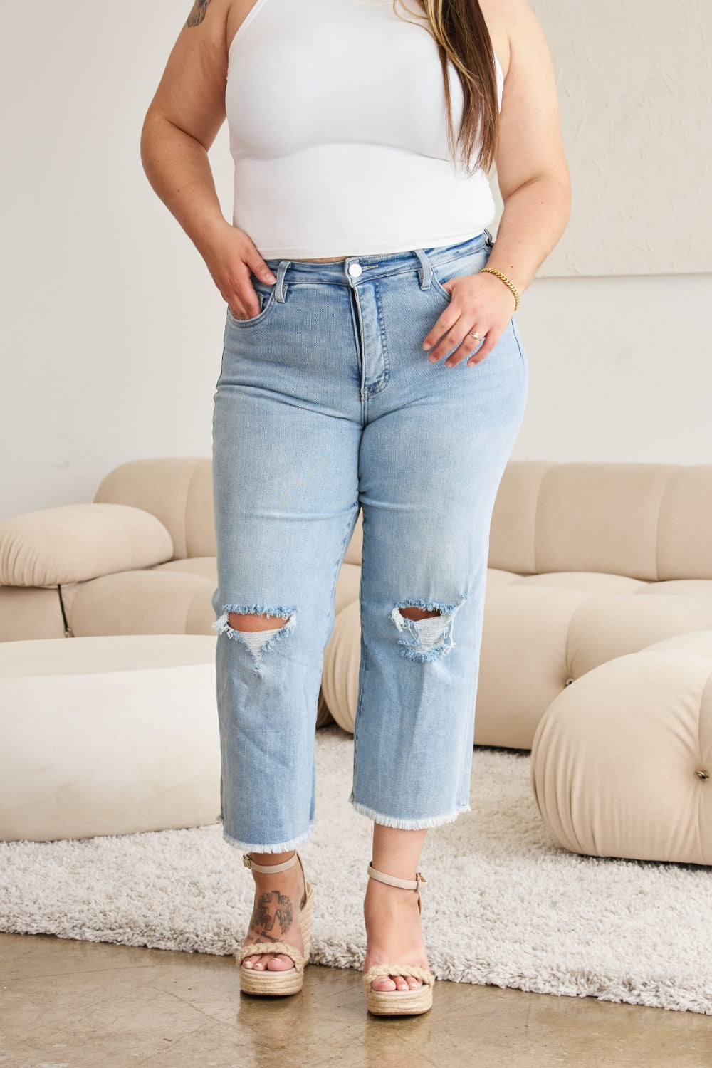 RFM Full Size Tummy Control High Waist Raw Hem Distressed Jeans - The Daily Makeover