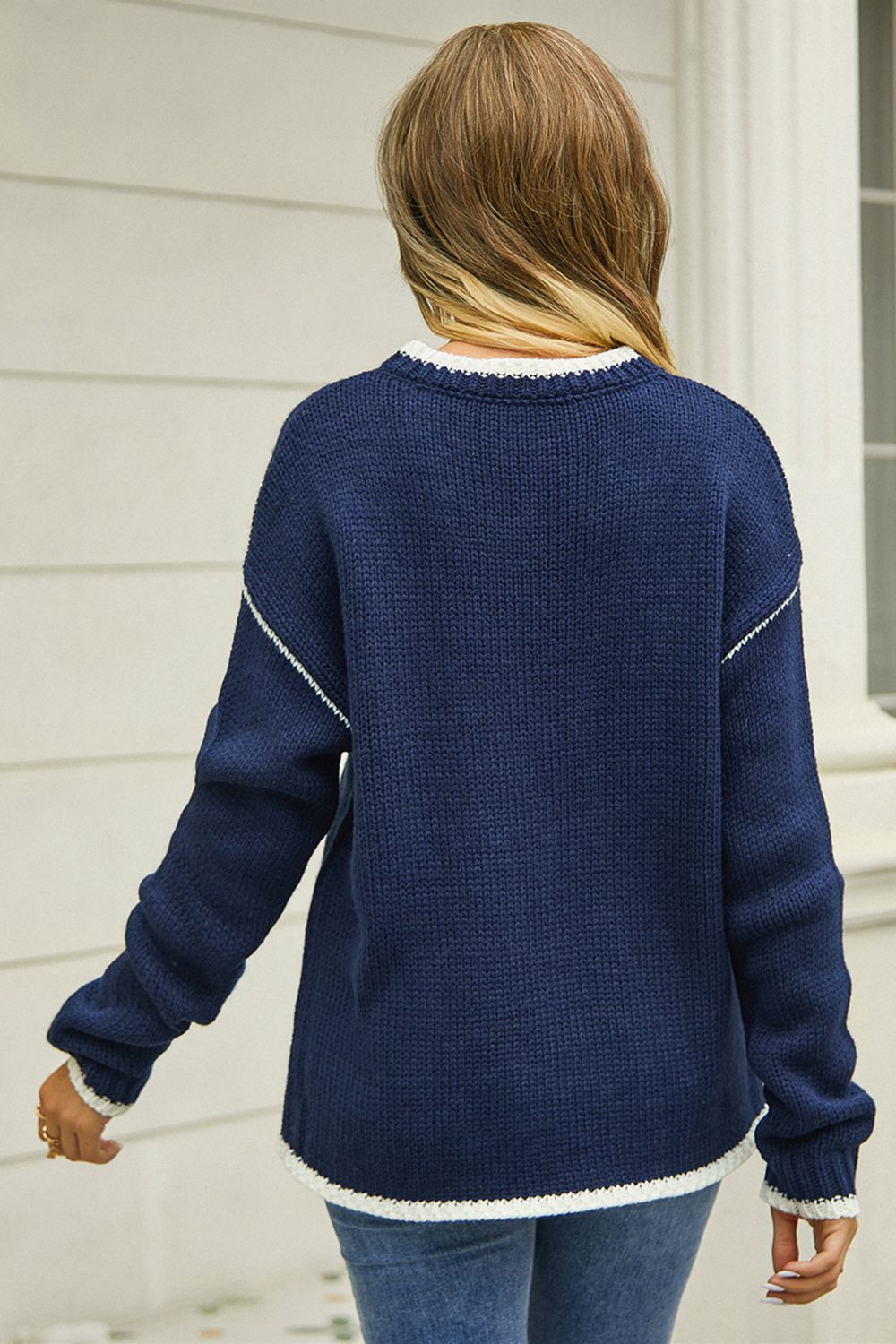 Round Neck Long Sleeve Waffle-Knit Sweater - The Daily Makeover