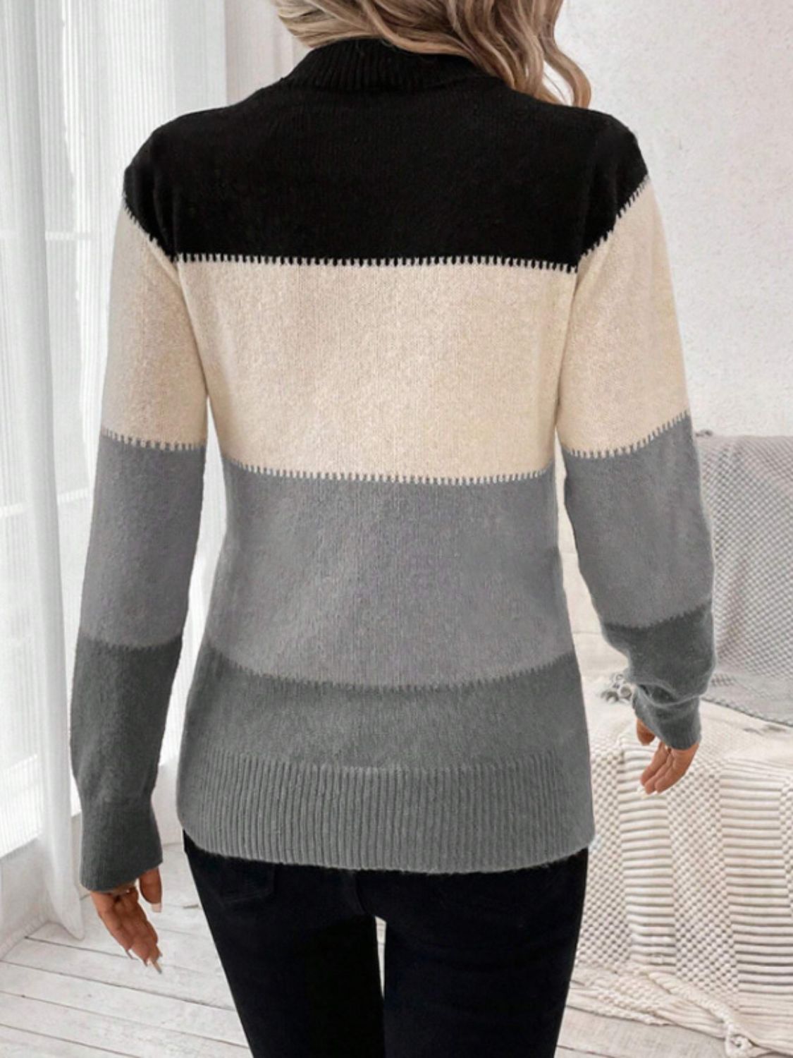 Color Block Mock Neck Long Sleeve Sweater - The Daily Makeover