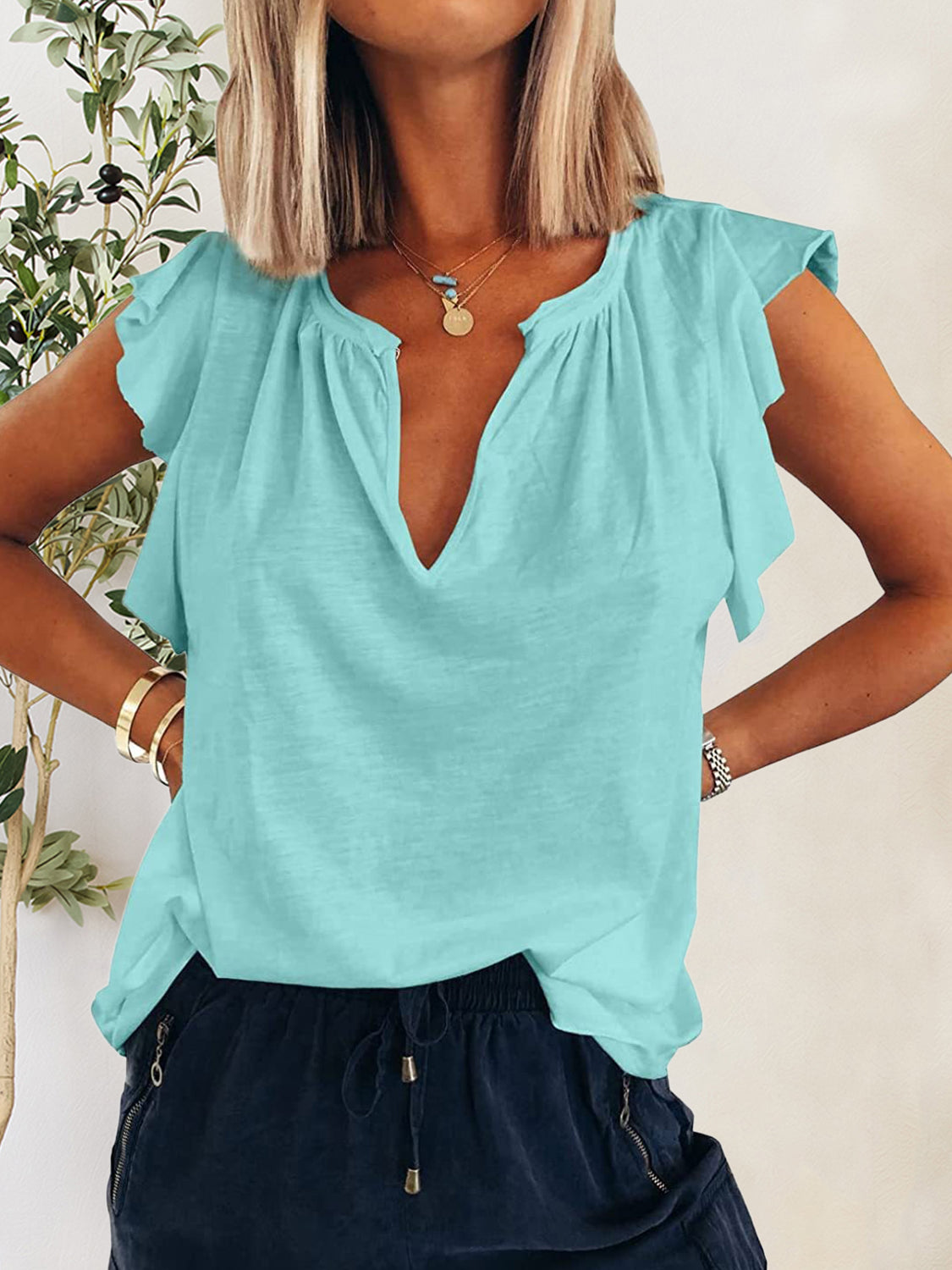 Ruffled Notched Cap Sleeve T-Shirt - The Daily Makeover