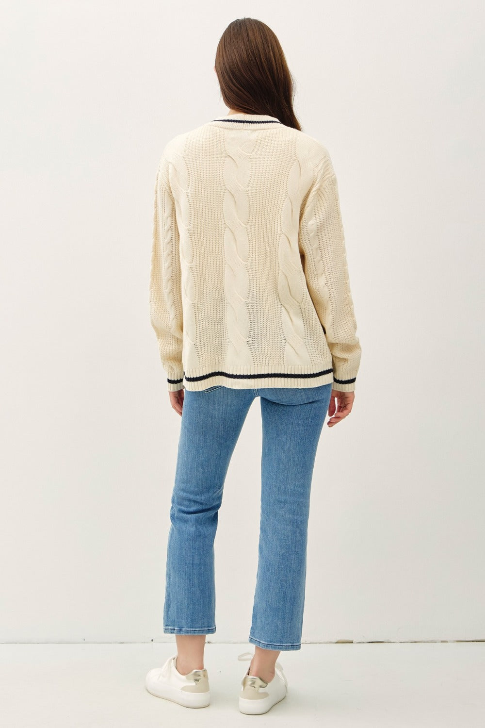 Be Cool Contrast Trim Cable-Knit V-Neck Cardigan - The Daily Makeover