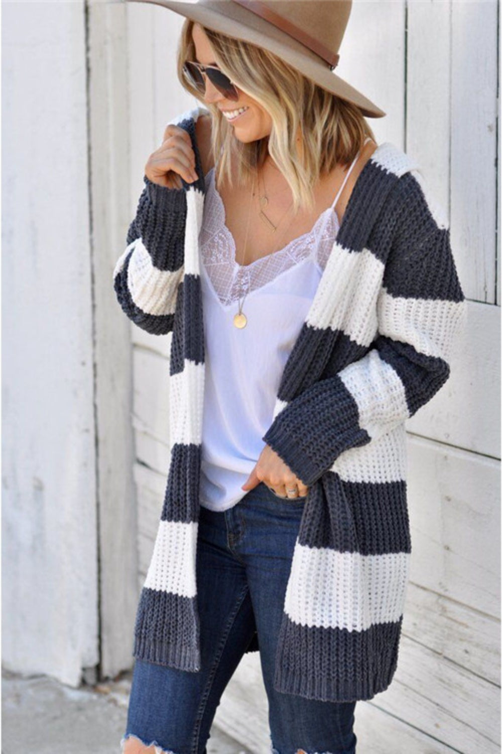 Contrast Stripes Open Front Long Sleeve Cardigan - The Daily Makeover