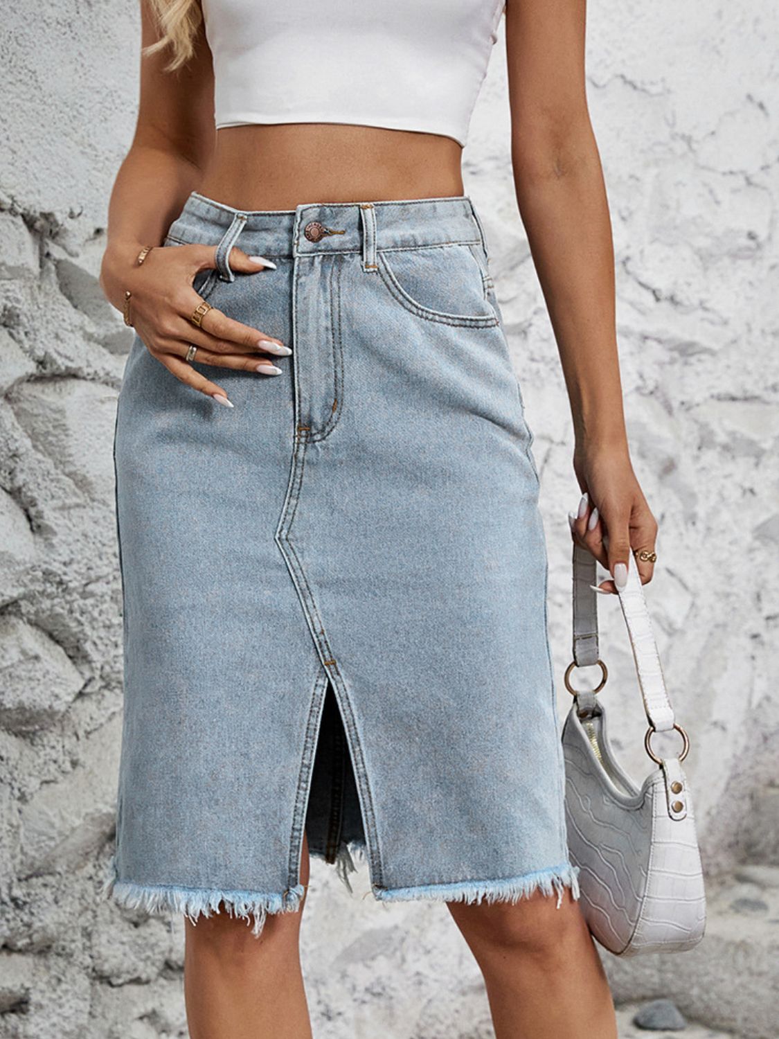 Raw Hem Slit Denim Skirt - The Daily Makeover