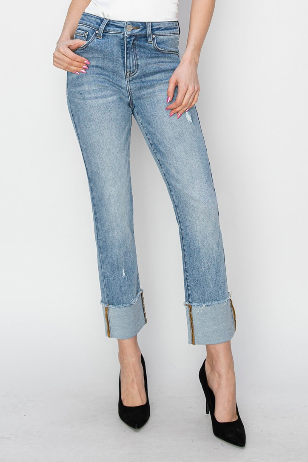 Full Size High Rise Cuffed Slim Straight Jeans - The Daily Makeover