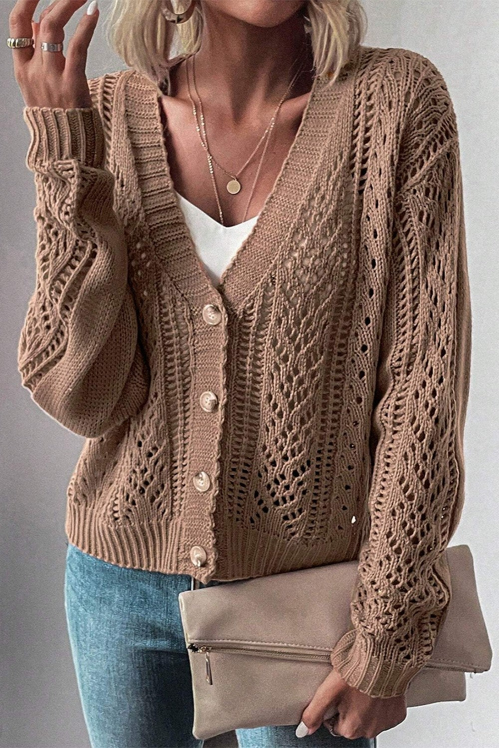 Openwork Button Up Long Sleeve Cardigan - The Daily Makeover