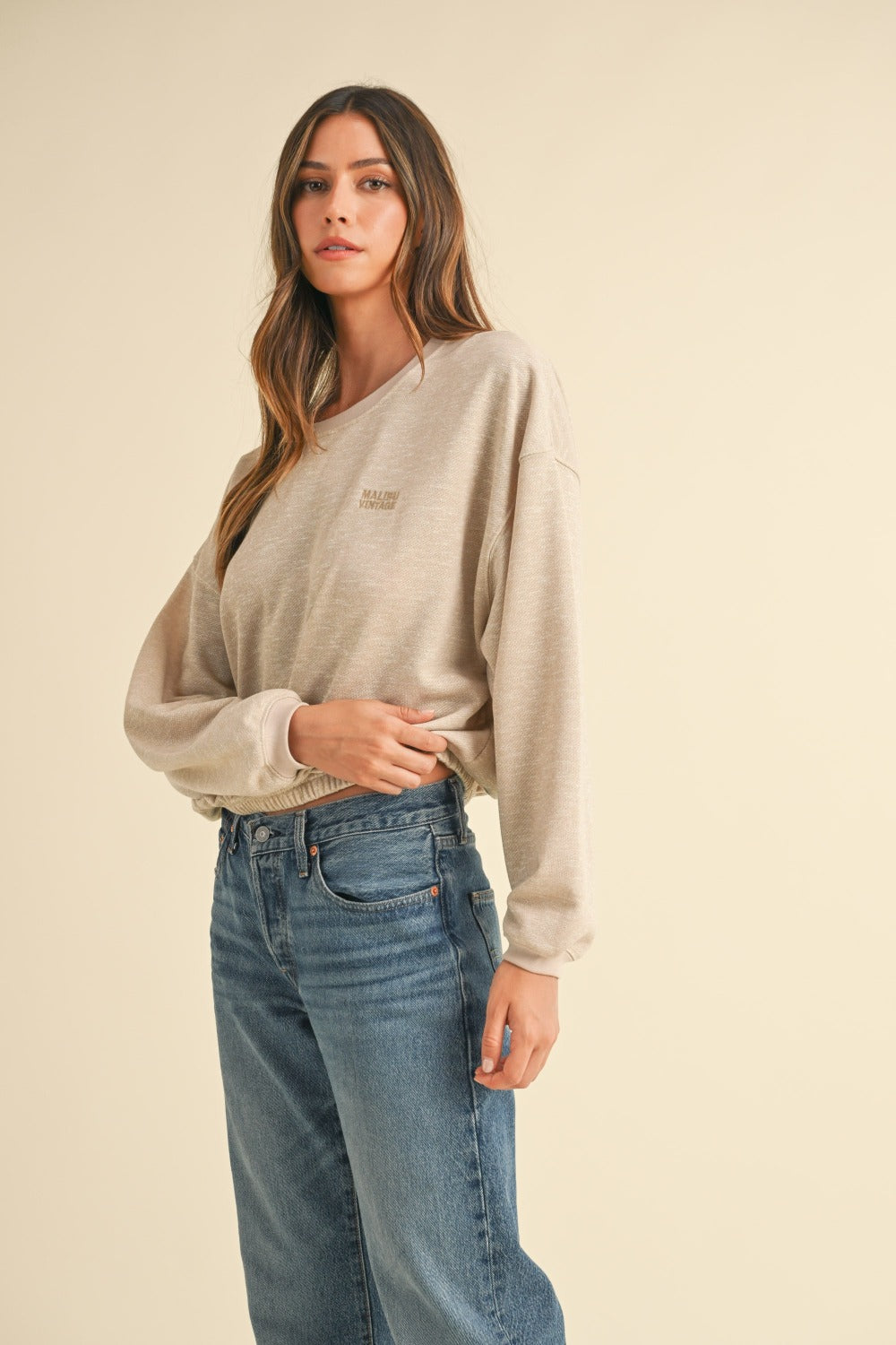 Mable Round Neck Letter Embroidery Crop Sweatshirt - The Daily Makeover