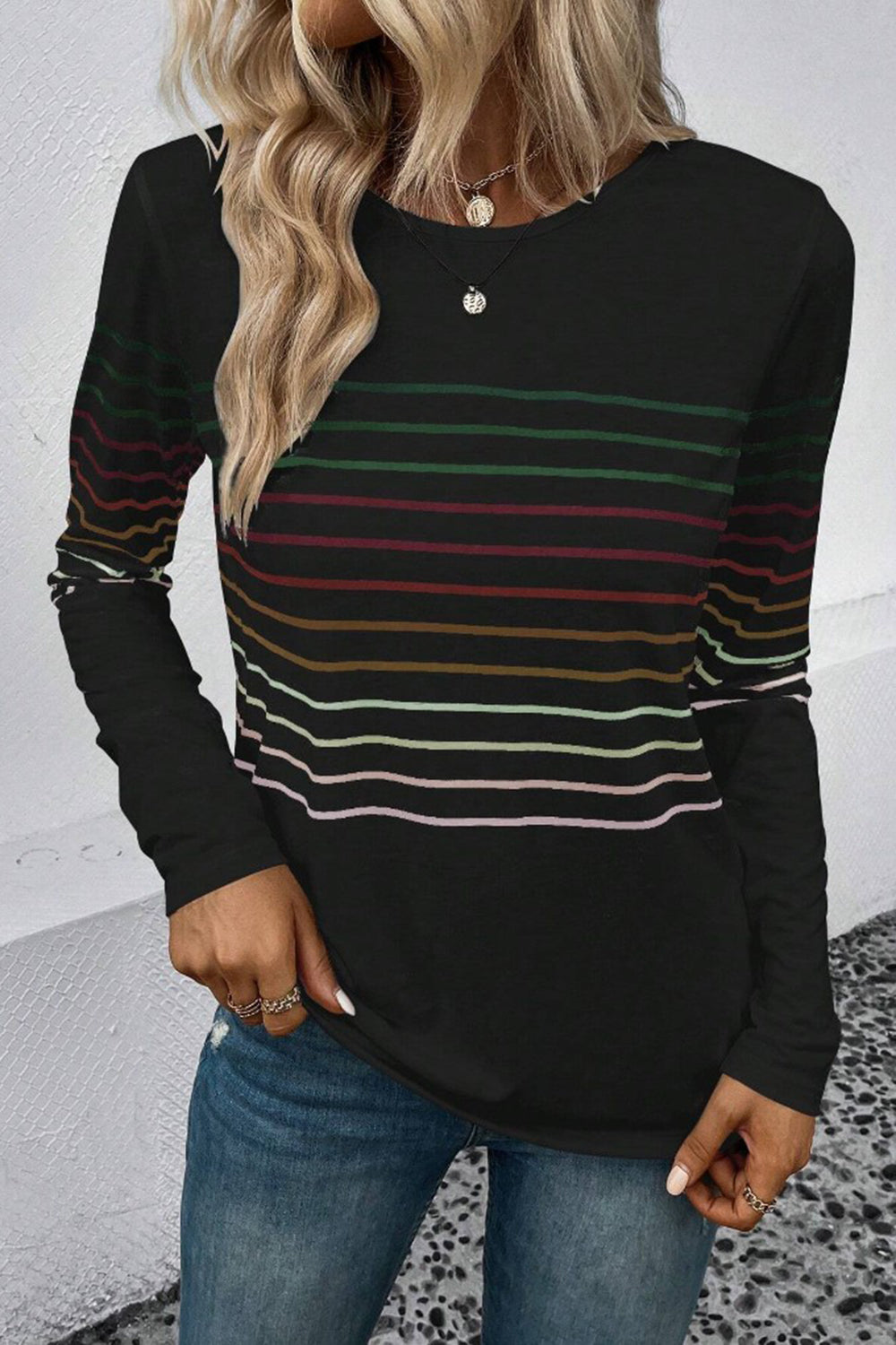 Striped Round Neck Long Sleeve T-Shirt - The Daily Makeover