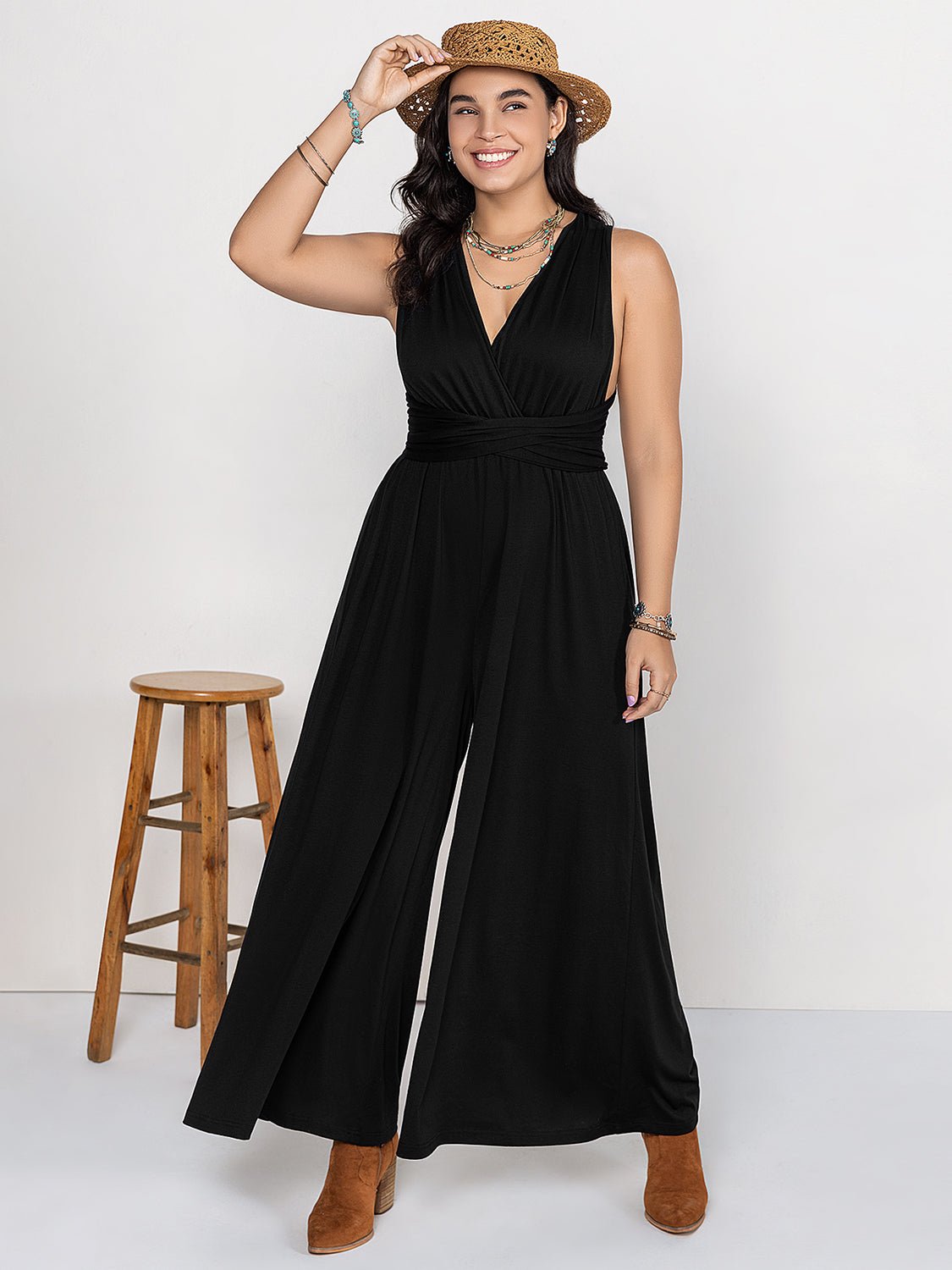 Plus Size V-Neck Wide Leg Jumpsuit - The Daily Makeover