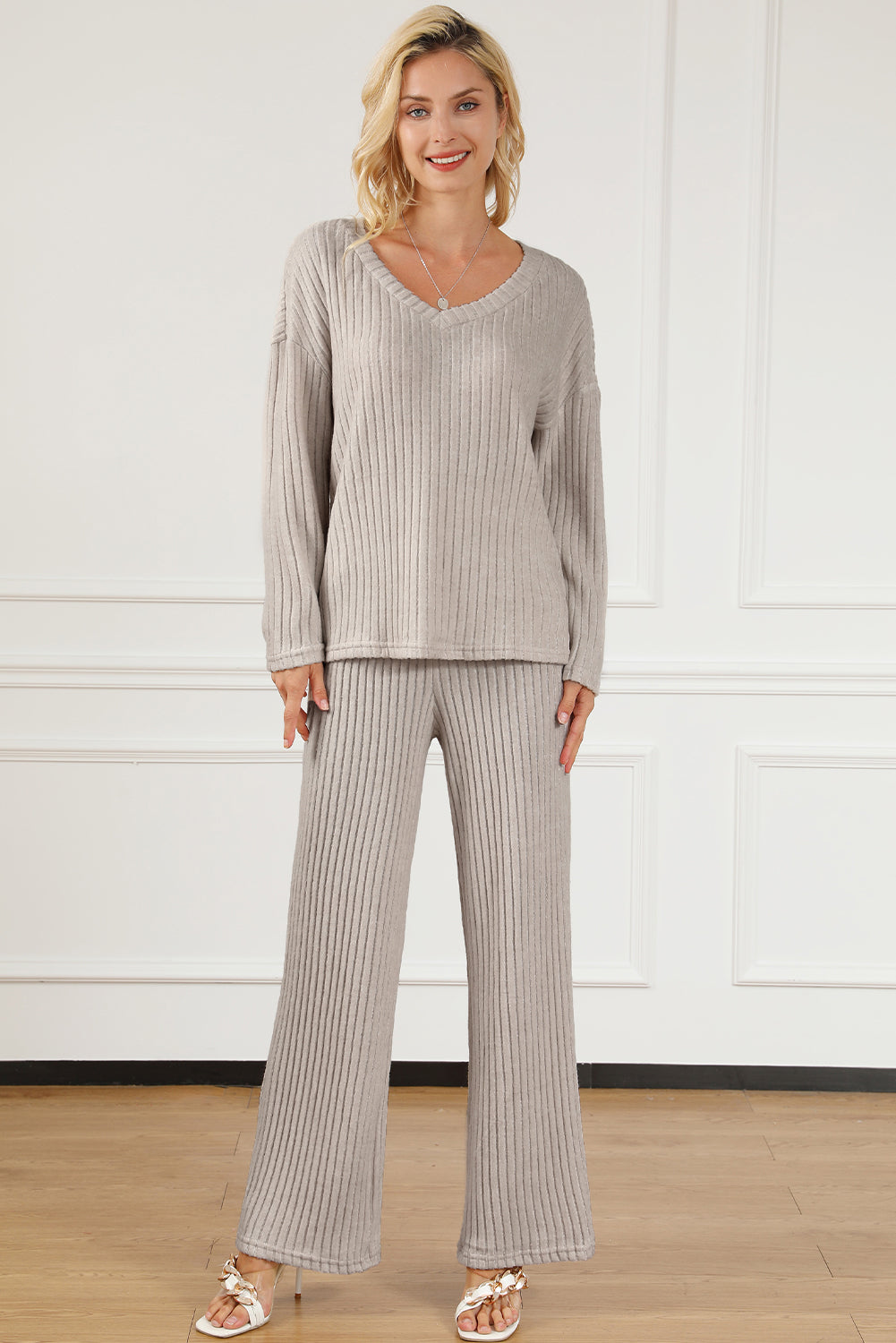 Ribbed V-Neck Top and Pants Lounge Set - The Daily Makeover