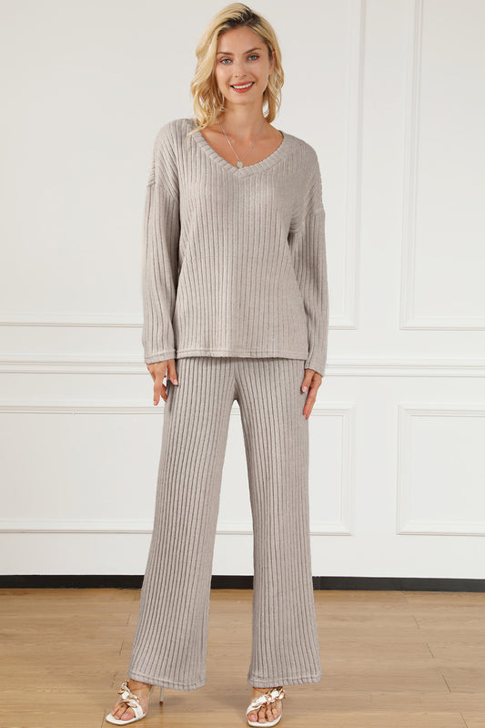 Ribbed V-Neck Top and Pants Lounge Set - The Daily Makeover