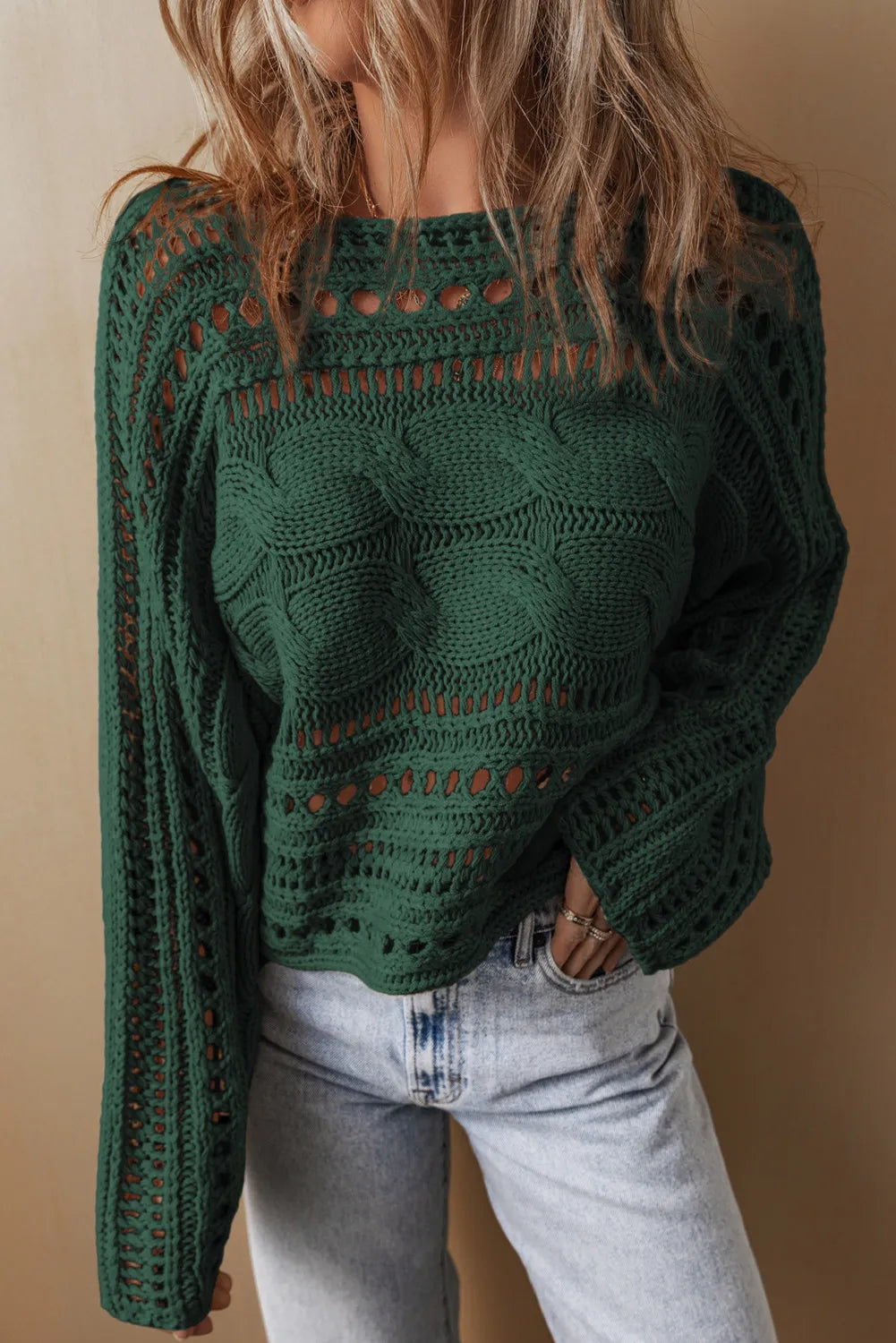 Cable-Knit Openwork Long Sleeve Sweater - The Daily Makeover