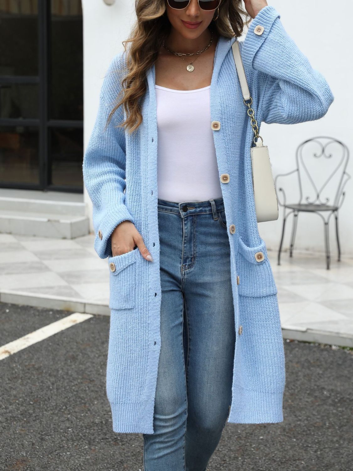 Pocketed Button Up Long Sleeve Hooded Cardigan - The Daily Makeover