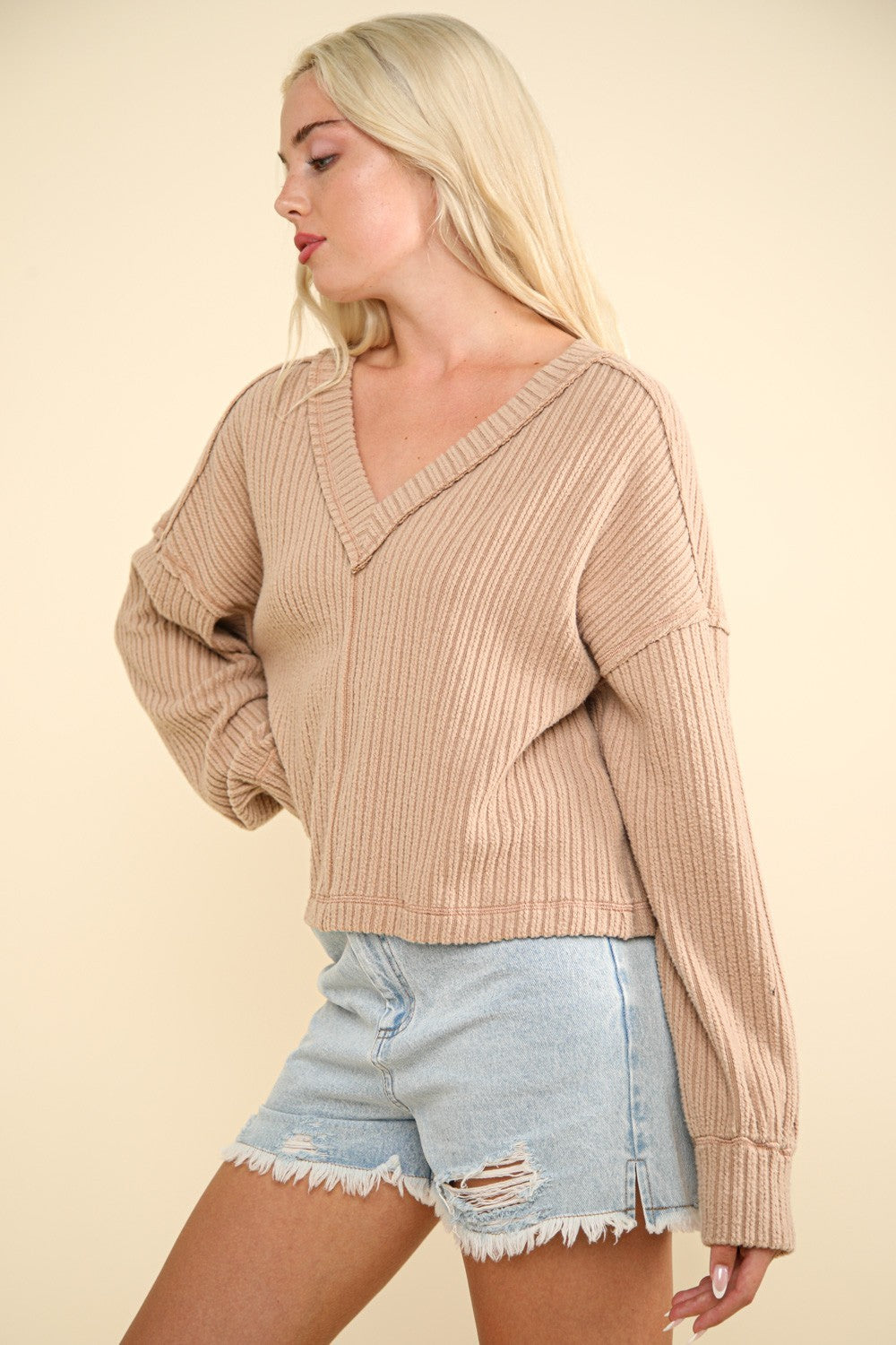 VERY J Exposed Seam V-Neck Ribbed Knit Top - The Daily Makeover