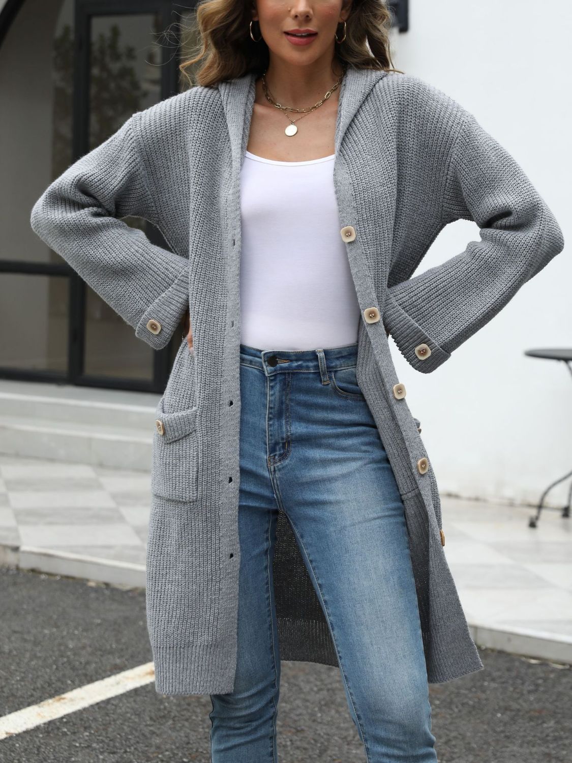 Pocketed Button Up Long Sleeve Hooded Cardigan - The Daily Makeover