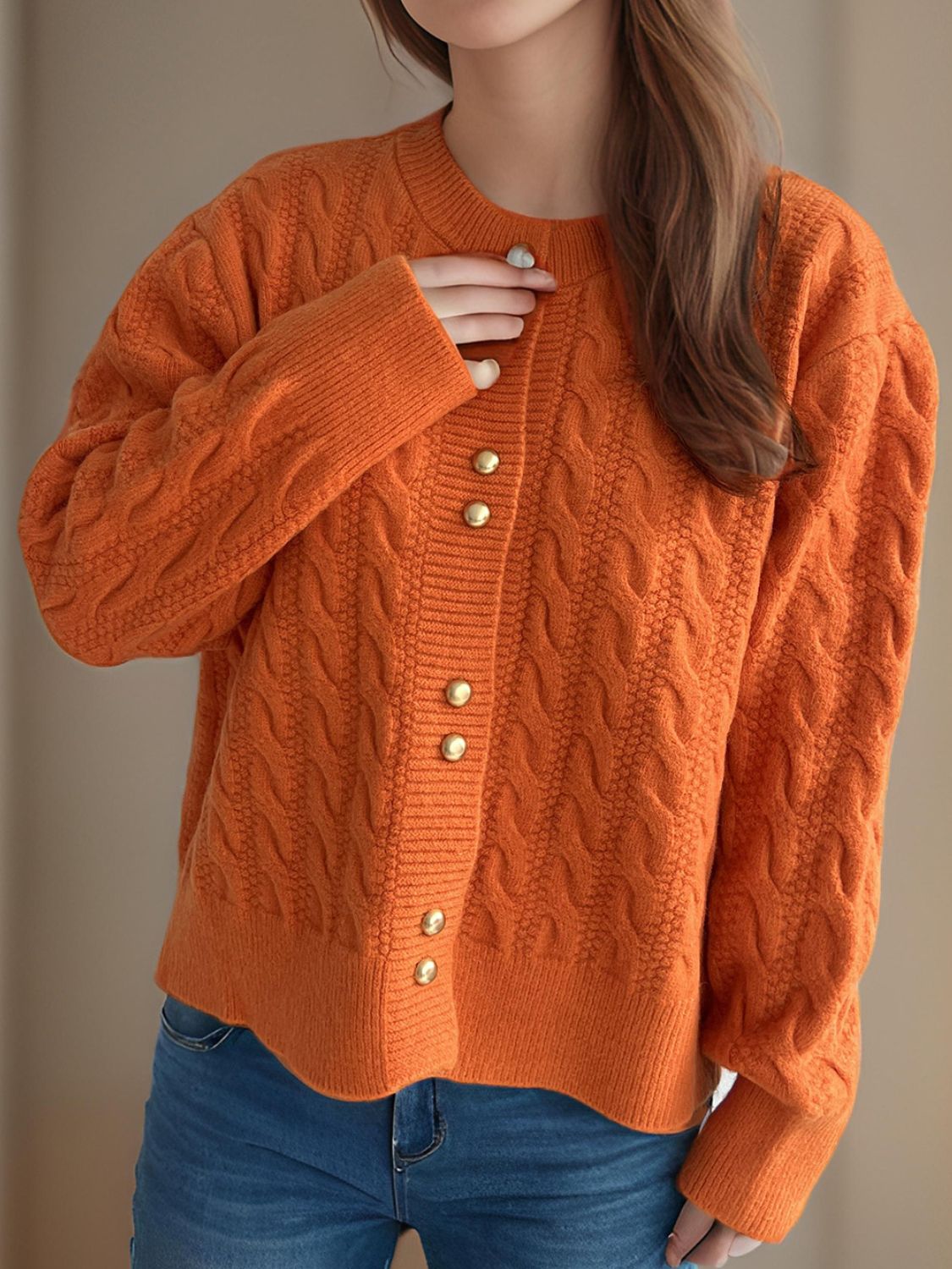 Cable-Knit Round Neck Long Sleeve Cardigan - The Daily Makeover