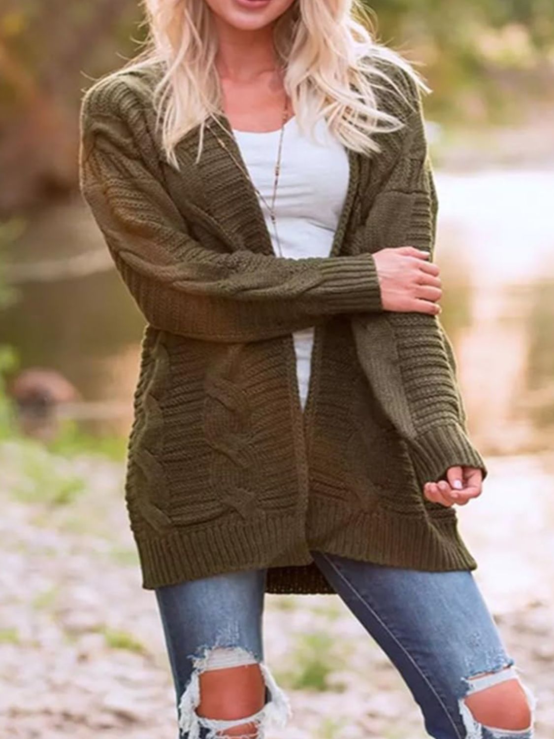 Cable-Knit Open Front Long Sleeve Cardigan - The Daily Makeover