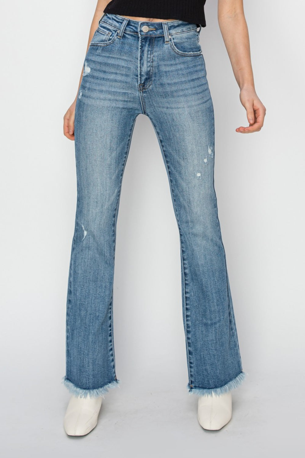 High Rise Frayed Hem Bootcut Jeans - The Daily Makeover
