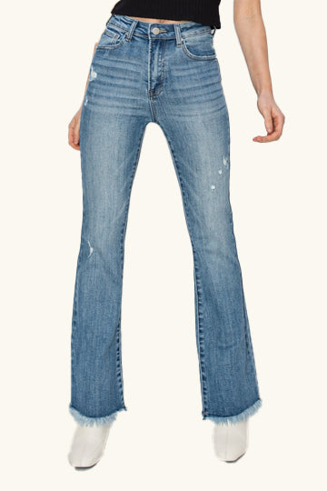 High Rise Frayed Hem Bootcut Jeans - The Daily Makeover