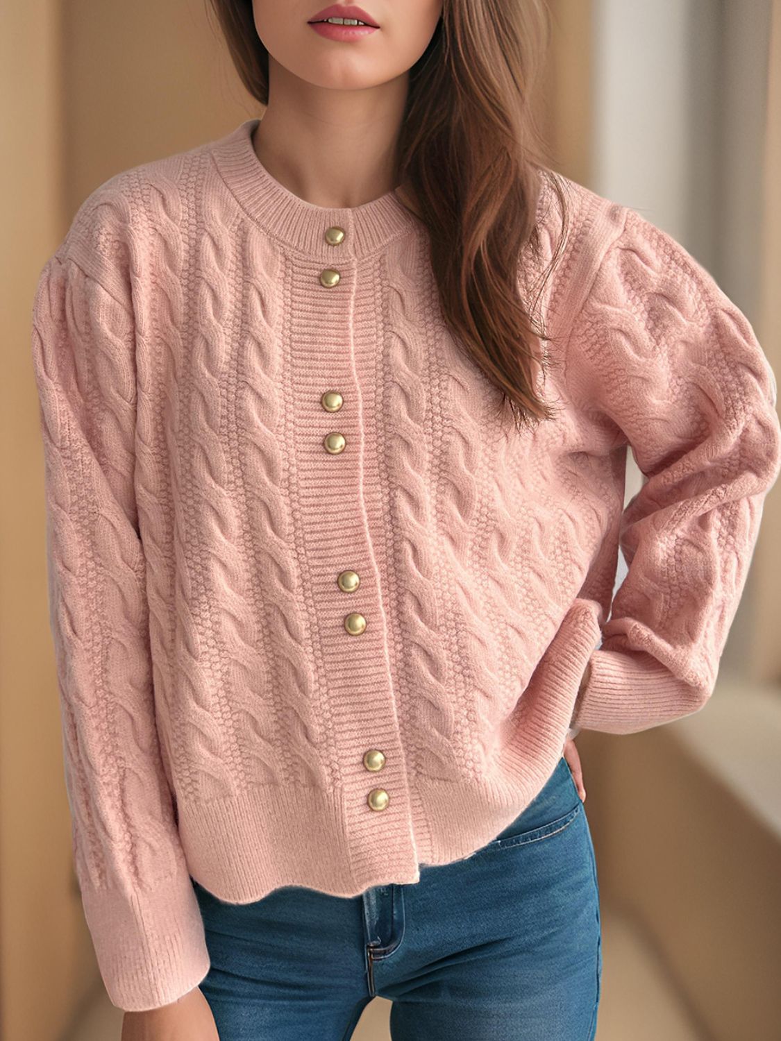Cable-Knit Round Neck Long Sleeve Cardigan - The Daily Makeover