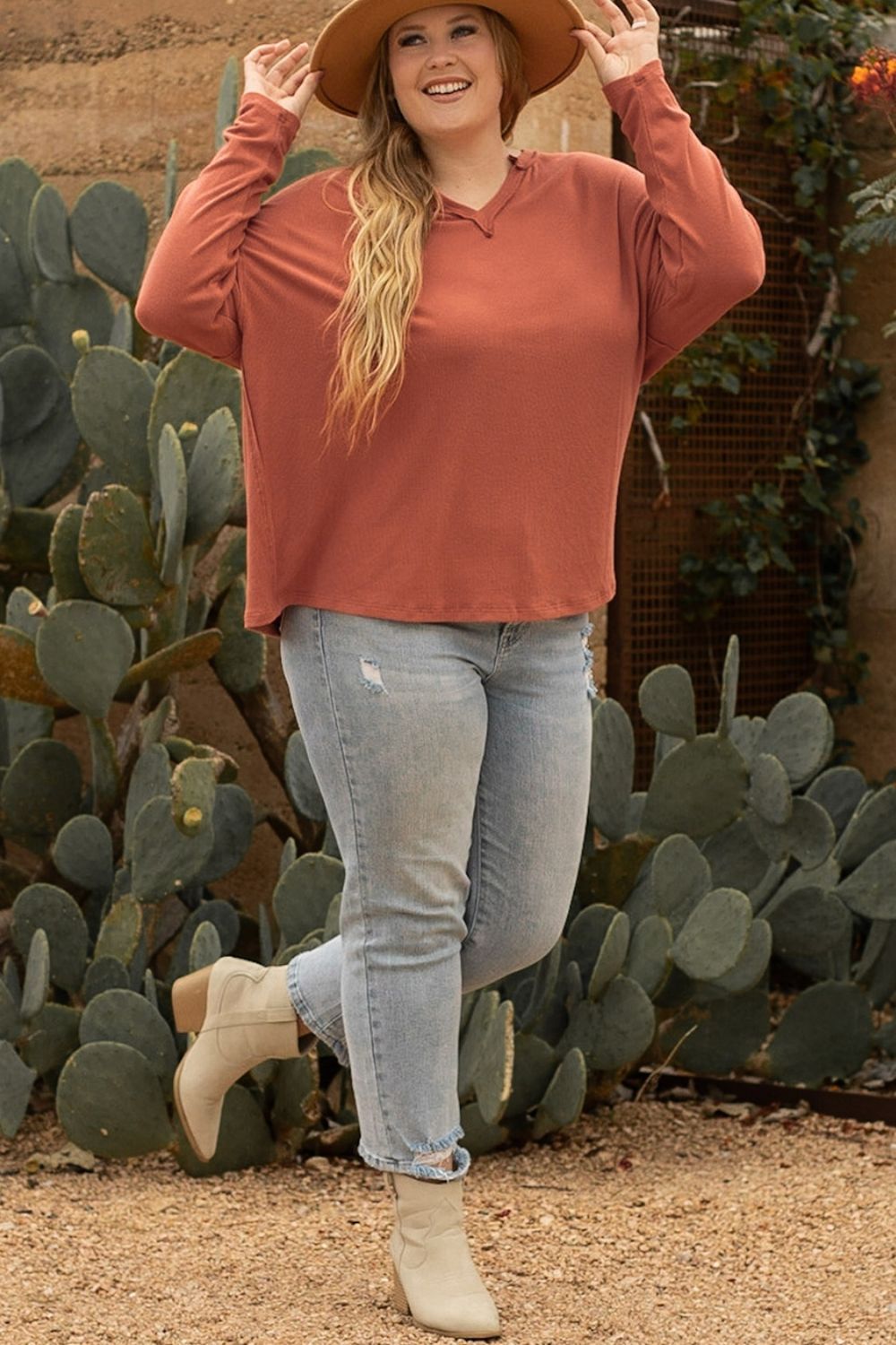 Plus Size Notched Long Sleeve T-Shirt - The Daily Makeover