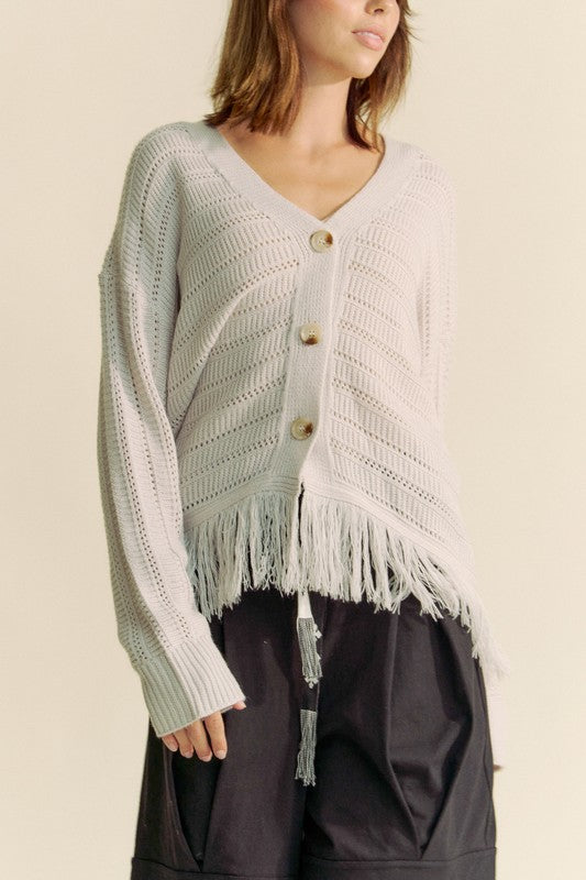 Davi & Dani Fringe V-Neck Button Up Long Sleeve Cardigan - The Daily Makeover