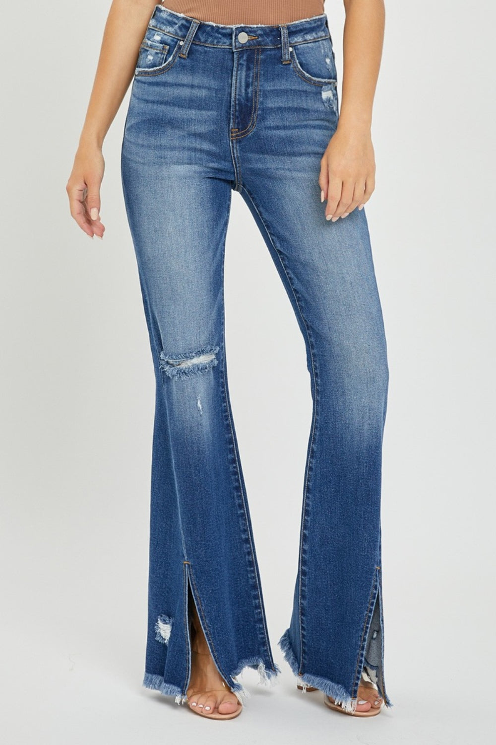 Full Size High Rise Front Slit Frayed Hem Flare Jeans - The Daily Makeover