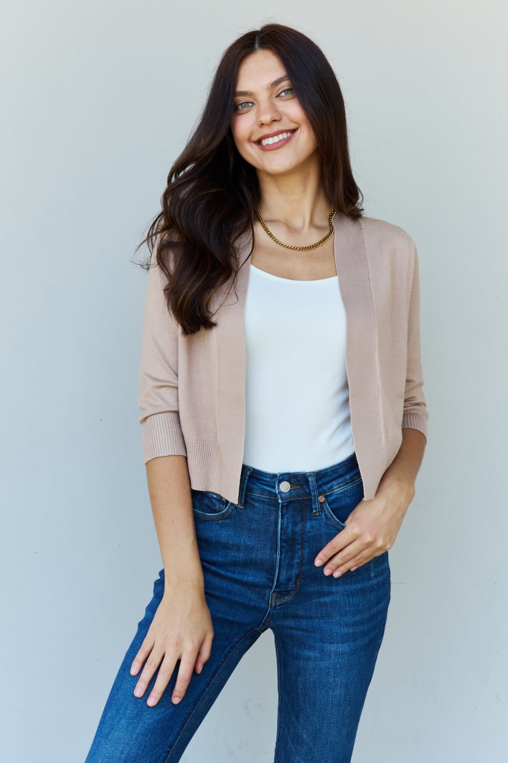 Doublju My Favorite Full Size 3/4 Sleeve Cropped Cardigan in Khaki - The Daily Makeover