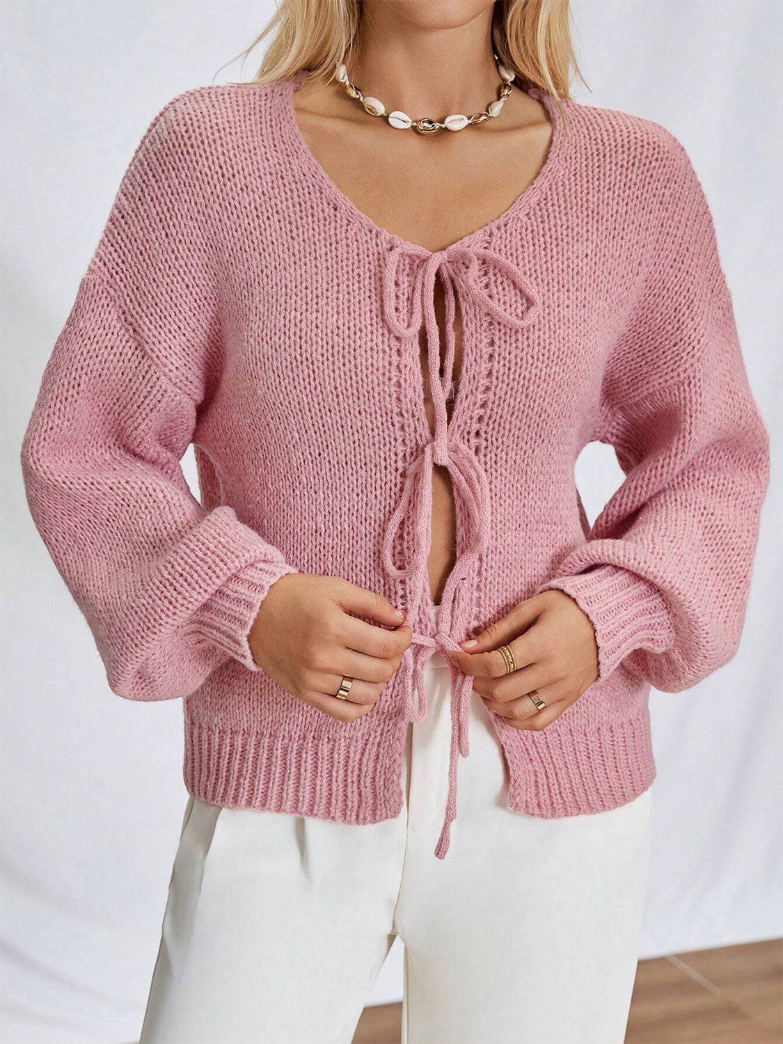 Tied Long Sleeve Dropped Shoulder Cardigan - The Daily Makeover