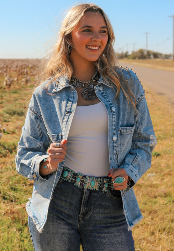 Studded Acid Wash Long Sleeve Denim Jacket - The Daily Makeover