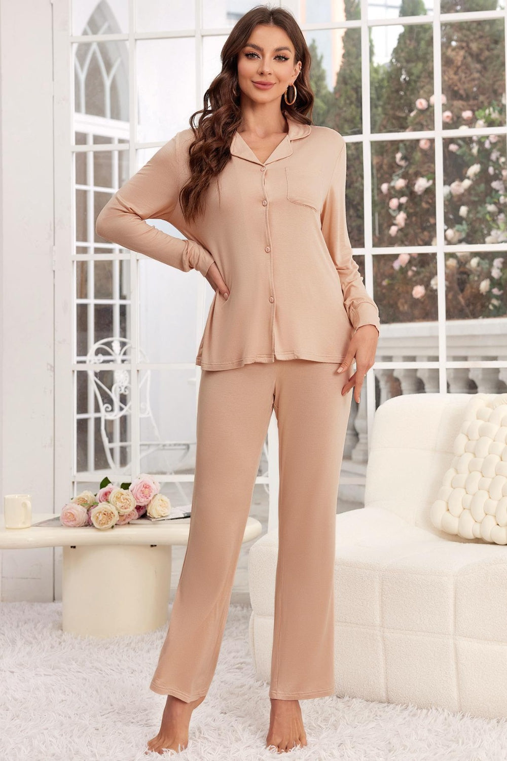 Button Up Long Sleeve Top and Pants Lounge Set - The Daily Makeover