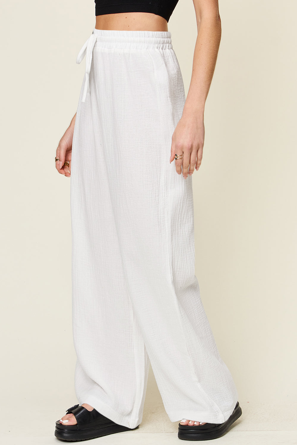 Double Take Full Size Texture Drawstring Wide Leg Pants - The Daily Makeover