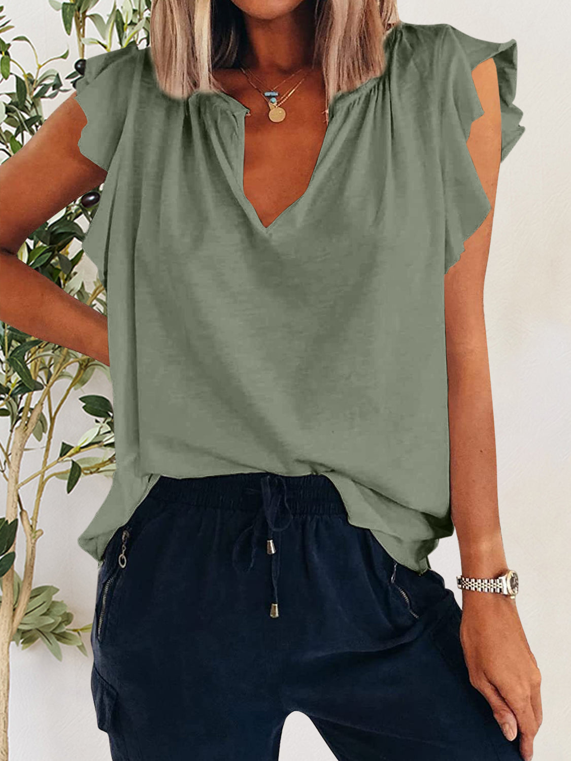 Ruffled Notched Cap Sleeve T-Shirt - The Daily Makeover