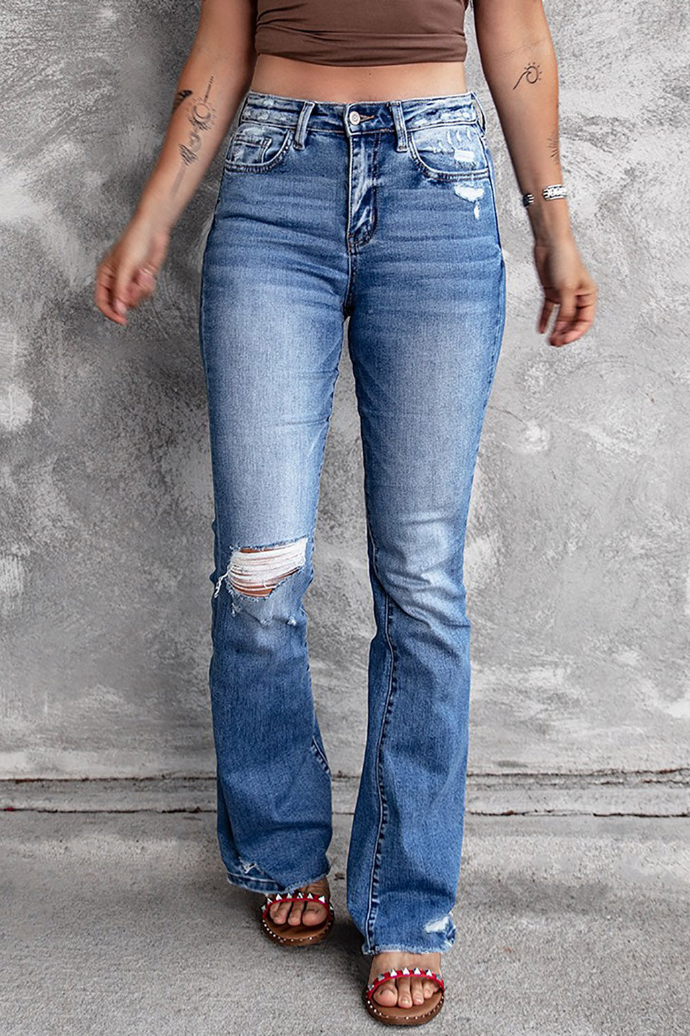 Dark Blue Ripped Raw Hem High Waist Flare Jeans - The Daily Makeover