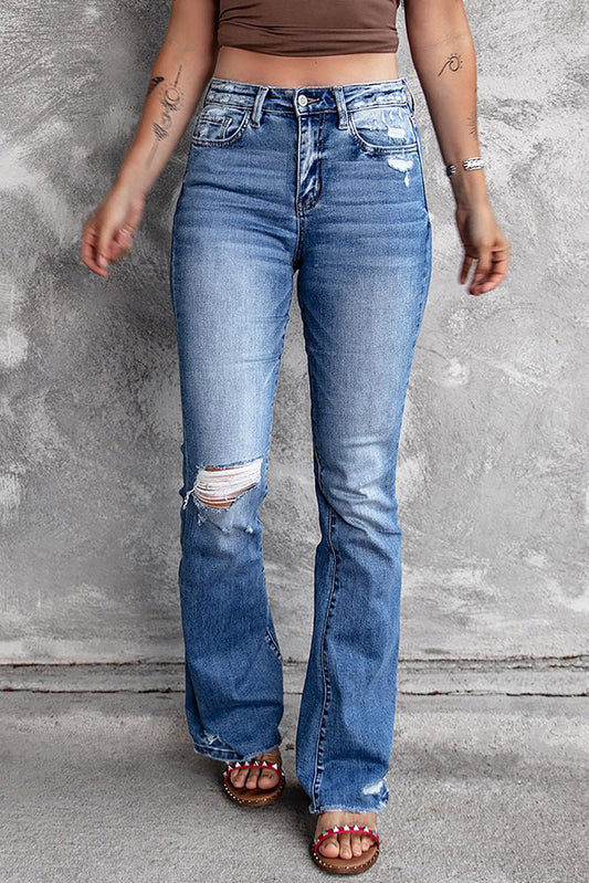 Dark Blue Ripped Raw Hem High Waist Flare Jeans - The Daily Makeover