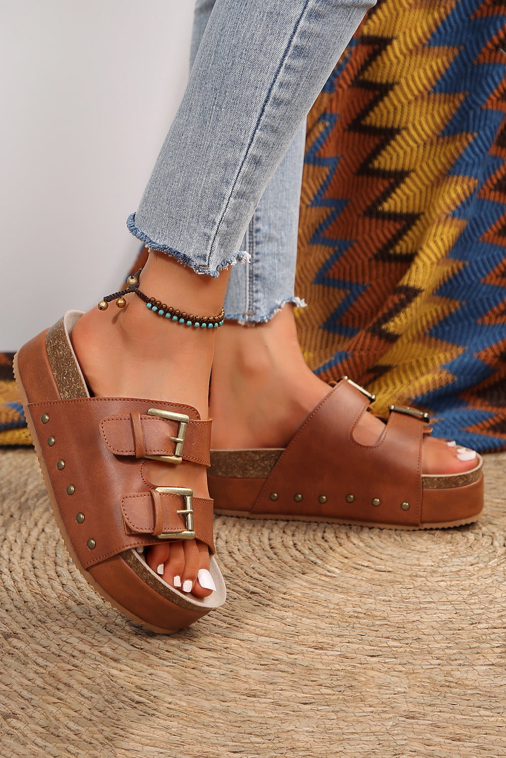 Chestnut Dual Buckle Studded Vintage Platform Slides Shoes - The Daily Makeover